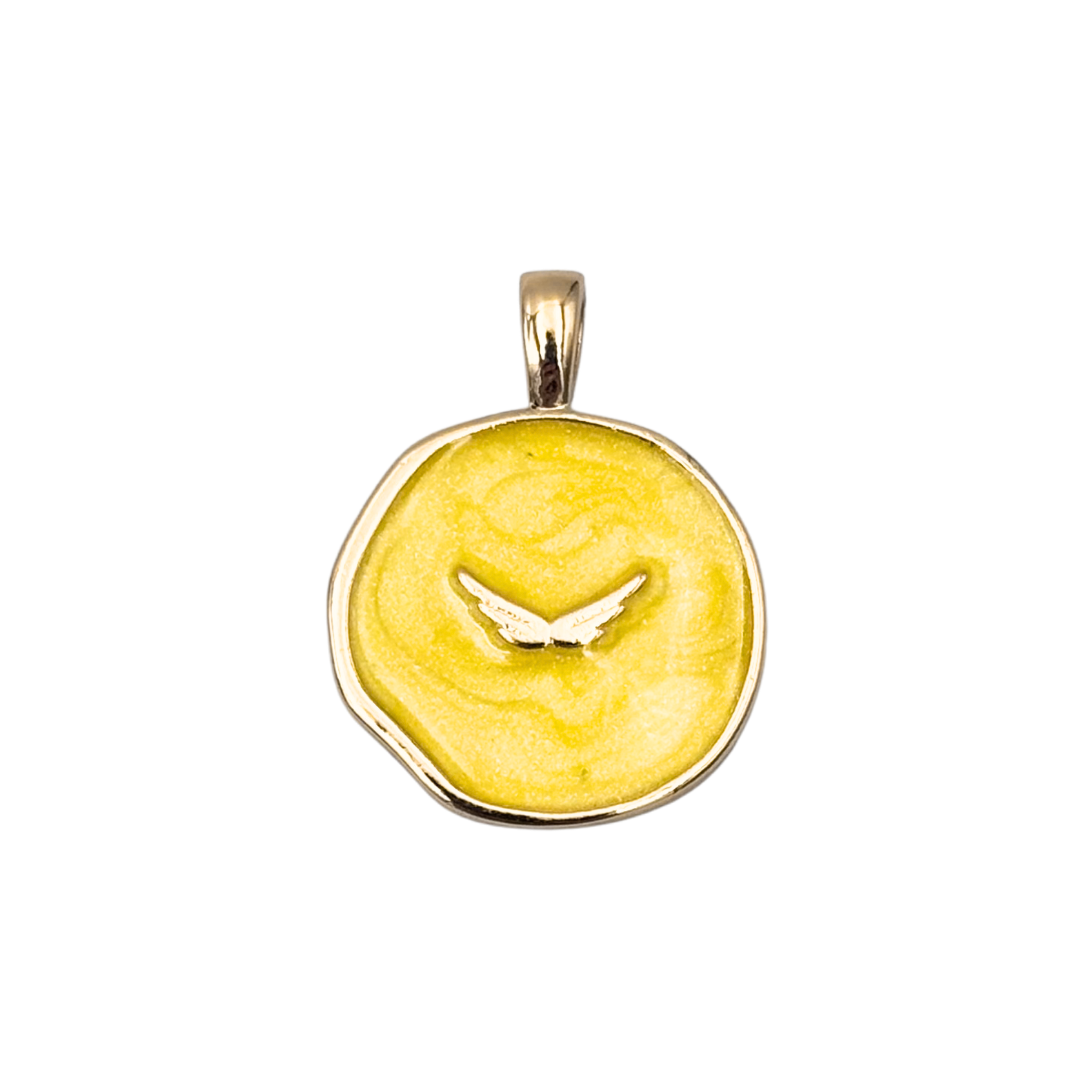 Gold round medallion pendant with swirled yellow enamel face, raised gold wing by HOLST+LEE