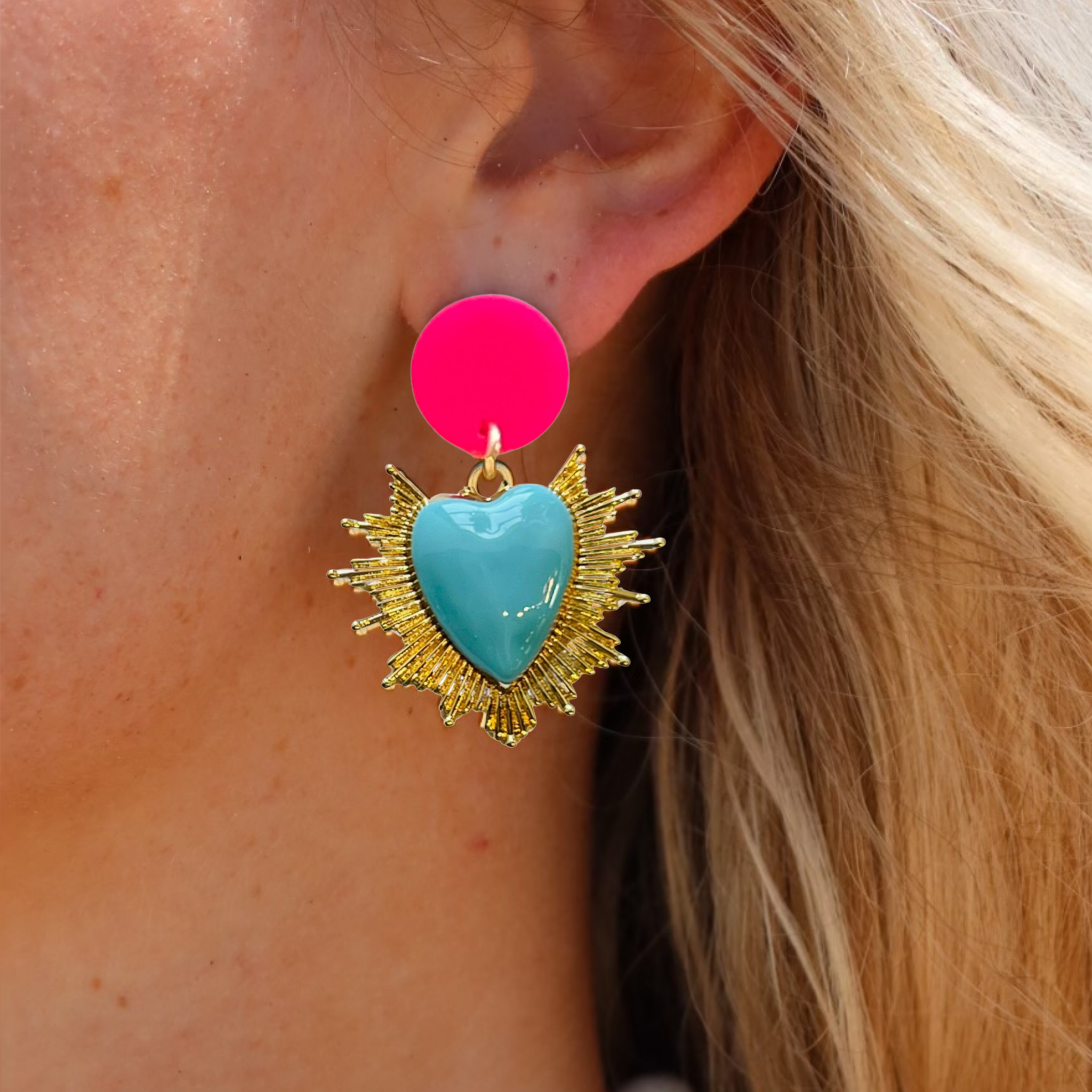 sacred heart earrings blue/pink
