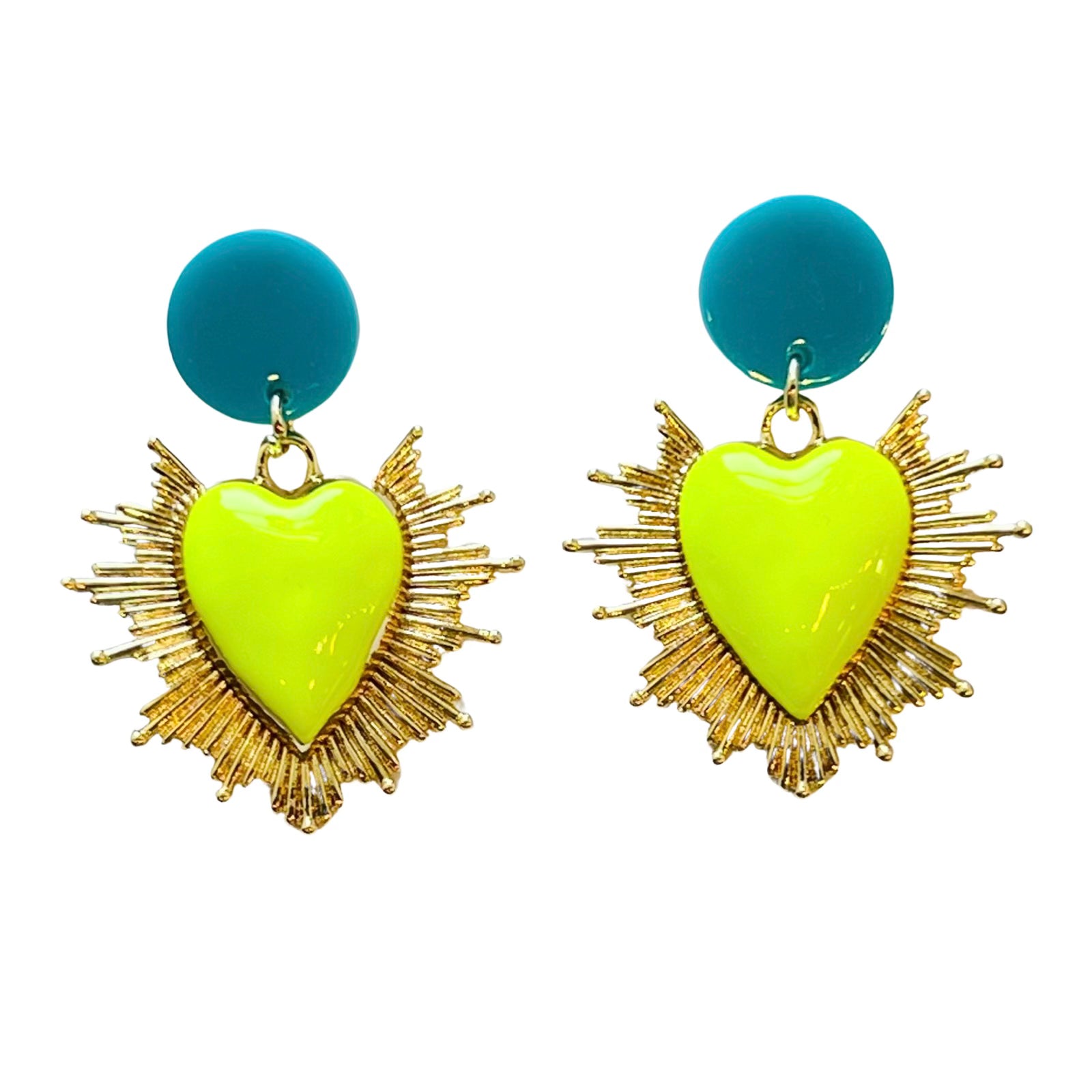 sacred heart earrings neon yellow and turquoise