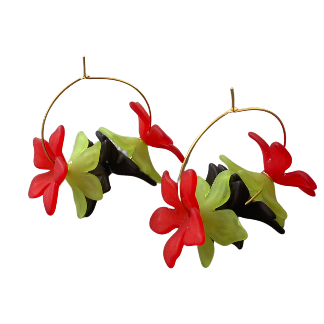 Floral Hoop Green and Red Earrings