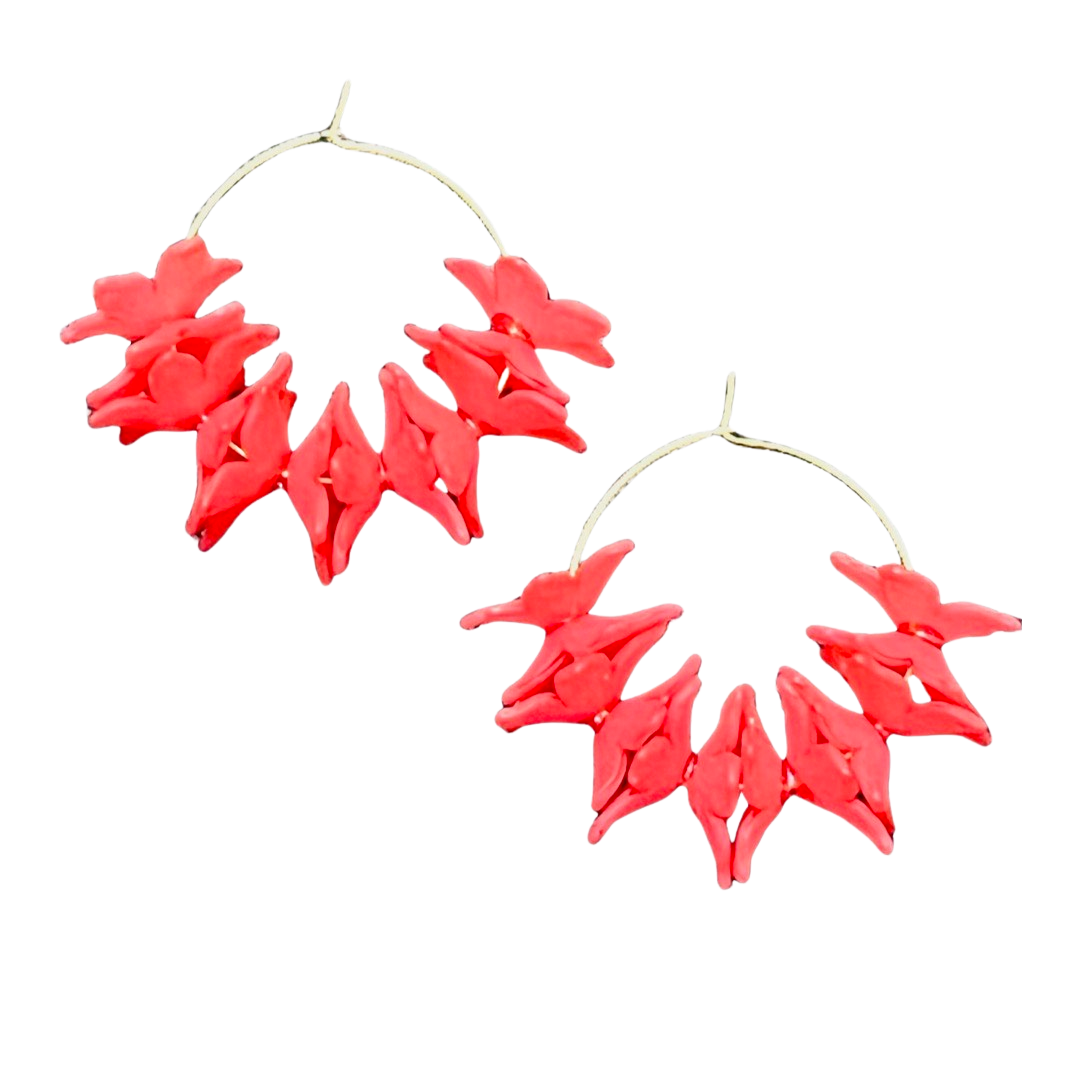 Floral Hoop Earrings Red