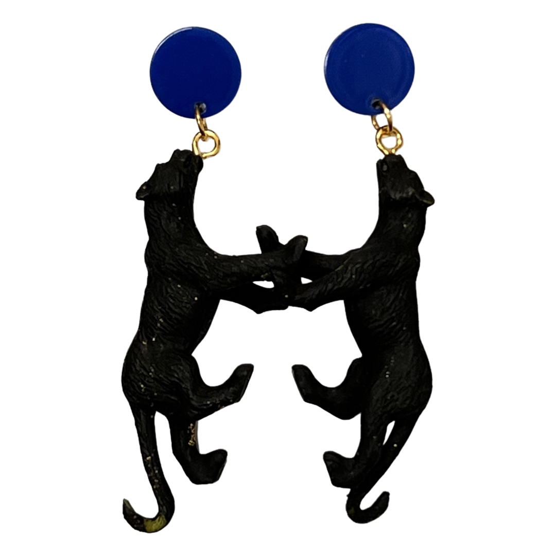 Black panther dangle earrings with blue circle stud tops by HOLST+LEE